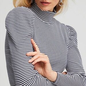 Chico's Black and White Striped Long Sleeve Mock Neck Top.  Nice quality!